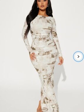 Fashion Nova Long Sleeve White & Taupe News Printed Maxi Dress